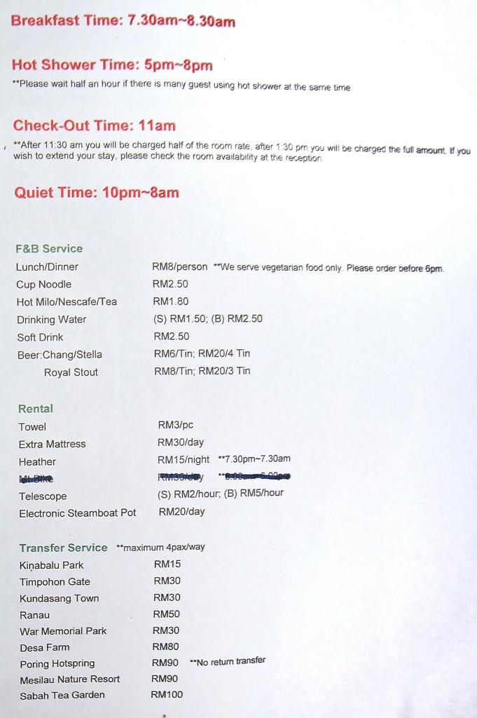 Price list at Kinabalu Mountain Lodge
