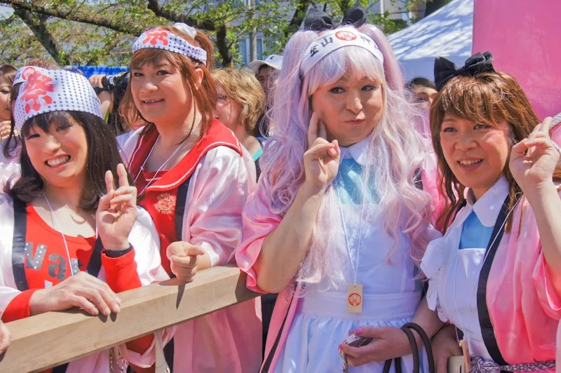 Trans-gender festival participants with Pink Penis Mikoshi "Elizabeth", Kanamara Matsuri, Kanagawa, Japan
