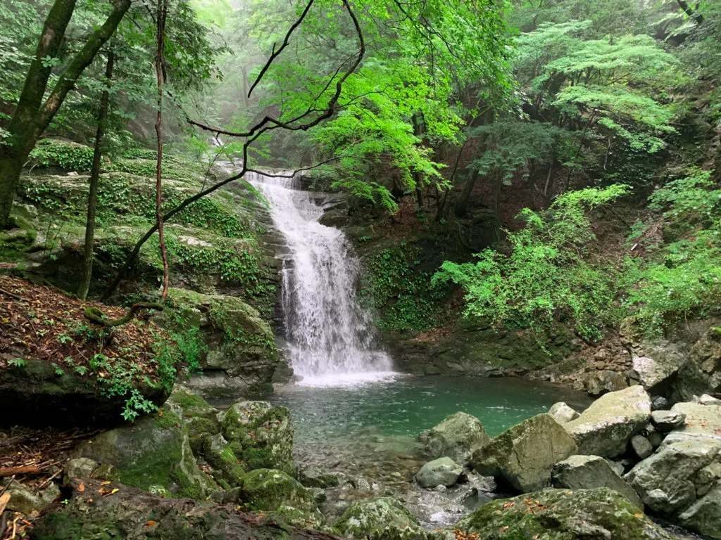 A waterfall along the Sobo Koubaru Hiking Course on Mount Sobo in Oita.