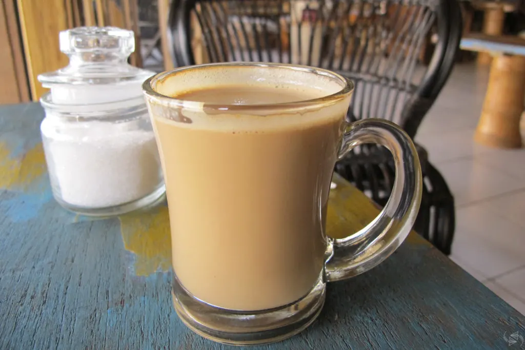 A photo of my coffee as I sit at a Balinese cafe.