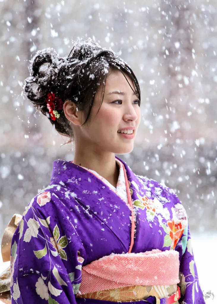 A young Japanese woman wears a purple kimono in the snow at Meiju Jingu Shrine in Tokyo on Coming of Age Day, Japan. The snow falls heavily on her hair, kimono and her surrounds, creating a beautiful contrast between the white of the snow and her colorful kimono.
