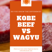 A photo of raw Kobe beef steaks on a cutting board with an orange-colored graphic in the center with white writing that says, 'Kobe beef vs Wagyu. Do you know the difference? Check out more about Japanese food at notesofnomads.com'.