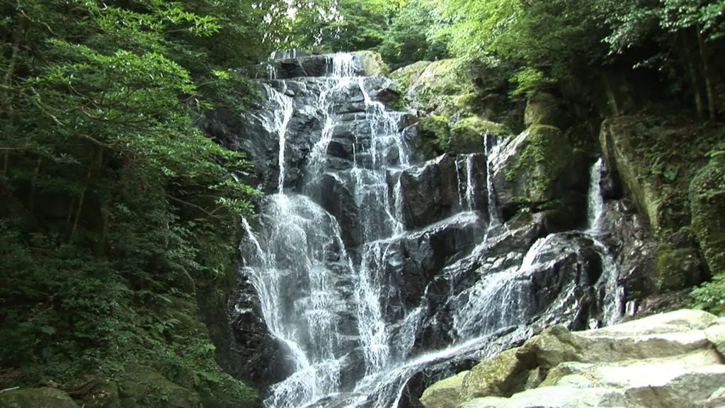 Water cascading down the natural rock face of Shiraito Falls in Itoshima.