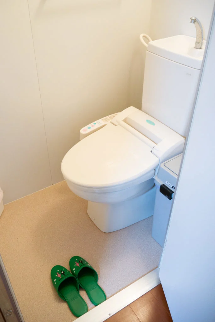 Green-coloured toilet slippers on the floor by the door to the toilet.