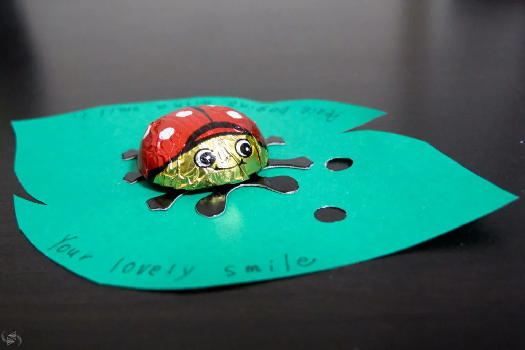An example of a tomo choco (friend chocolate) - a ladybug chocolate stuck onto a piece of green paper that has been cut into the shape of a leaf. Handwritten on the leaf are the words "Peace begins with a smile. Your lovely smile."